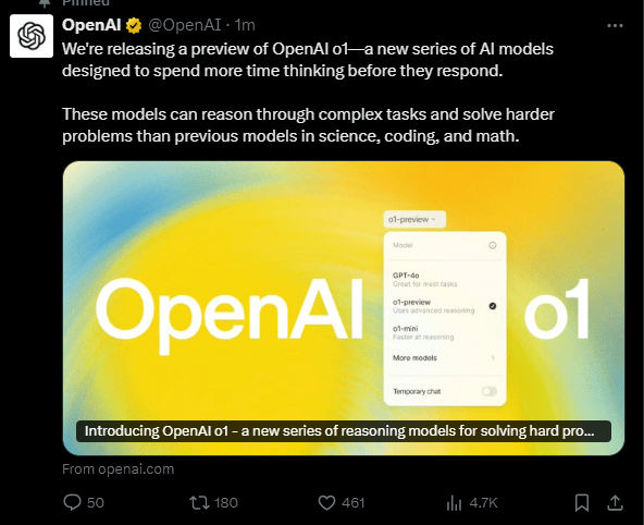 OpenAI推出革命性推理功能AI模型OpenAI o1